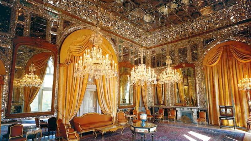 golestan palace inside with perfect furniture and a lot of miror at day light in tehran